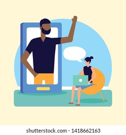 woman with laptop man on screen smartphone talking bubble vector illustration