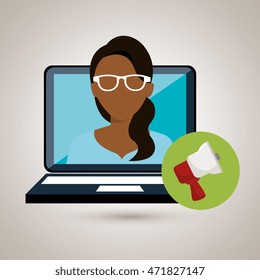 woman laptop megaphone speak vector illustration design