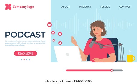 Woman with laptop and microphone, in headphones. Concept of creating podcast, blogging, interviews, webinar, online courses. Vector illustration in flat style, template for web banner, landing page