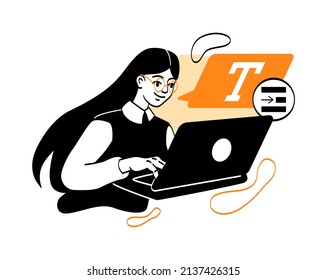 Woman with laptop. Modern writer or copywriter character typing article. Creative personality, freelancer at work at home, text editor. Materials for page or website. Cartoon flat vector illustration