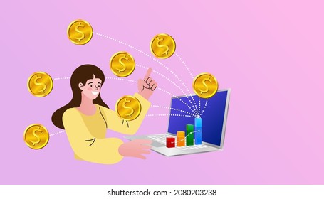 Mujer con portátil y dinero en pantalla. Supervisión e investigación de la eficiencia del mercado de tiendas en línea. Saldo financiero, contabilidad, compras. Plantilla de página web de aterrizaje. ilustración vectorial.