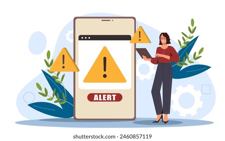 Una mujer con una laptop al lado de un smartphone gigante mostrando señales de alerta, Ilustración vectorial sobre un fondo claro, concepto de ciberseguridad