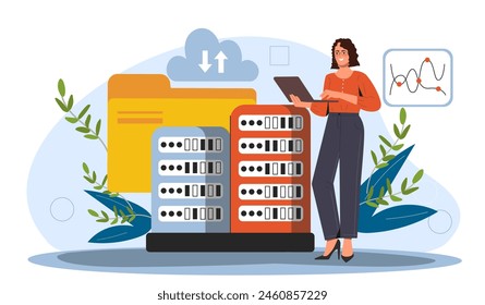 A woman with a laptop next to server racks and cloud symbols, vector illustration, light blue background, concept of cloud computing