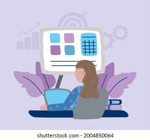 woman with laptop and office board