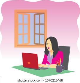 woman and laptop in office, cartoon vector illustration. relaxed office atmosphere
