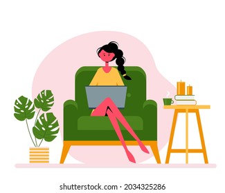 Woman with laptop on the chair. Freelance or studying concept. Cozy interior. Cute bright illustration in flat style.