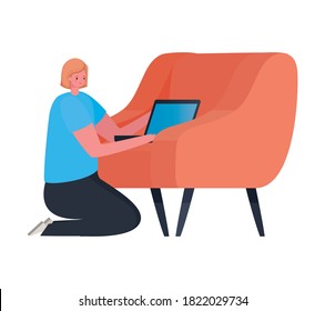 Woman with laptop on chair working design of Work from home theme Vector illustration