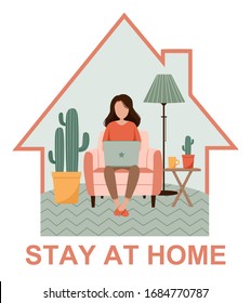Woman with laptop on the chair. Young girl working home in self isolation quarantine during coronavirus epidemic outbreak. Freelance or studying flat vector illustration. Stay at home during Covid-19