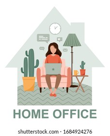 Woman with laptop on the chair. Young girl working home in self isolation quarantine during coronavirus epidemic outbreak. Freelance or studying flat vector illustration. Stay at home during Covid-19