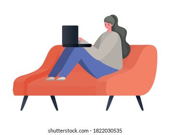 Woman with laptop on couch working design of Work from home theme Vector illustration