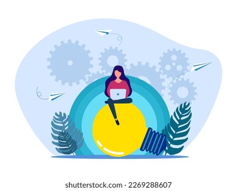 woman with laptop on glowing light bulb. The invention of new ideas and innovations. vector 