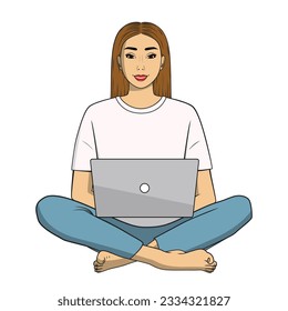 Woman with a laptop on her crossed legs. Vector illustration isolated on white background