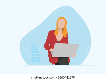Woman with the laptop on a light background.Freelance or studying concept. Vector illustration in flat style.