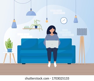 Woman with laptop on the sofa. Freelance or home work concept. Vector illustration in flat style