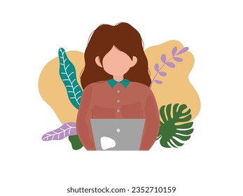 Woman with laptop on the table. People work with computers. Students work with laptop and computer, office workers and seniors with laptops cartoon vector. career woman working