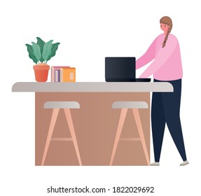 Woman with laptop on table working design of Work from home theme Vector illustration