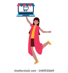 woman with laptop online shopping vector illustration