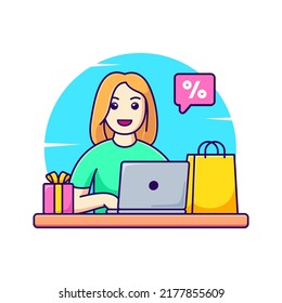 woman with laptop for online shopping vector illustration. cartoon woman buying in online shop