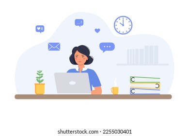 Woman with with laptop, plant and folders. Work in office, work at home, customer service concept illustration. Vector illustration in flat style