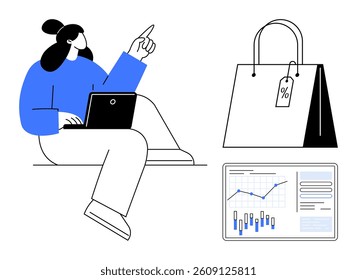 Woman with laptop pointing, shopping bag with percentage tag, and data analysis chart with graphs. Ideal for online retail, e-commerce, market research, business strategy, sales analysis, digital