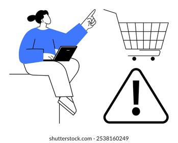 Woman with laptop pointing at shopping cart accompanied by warning sign. Ideal for online shopping, e-commerce, digital safety, consumer awareness, and technology use. Minimalist vector art with blue