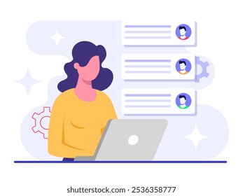 Woman with laptop sending mails, Email marketing flat vector illustration, Online business strategy, Advertising, Email newsletter, messaging, Marketing material concept for web banner, social media, 