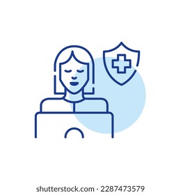 Woman at laptop shopping for health insurance. Medical care plan. Cross and shield. Pixel perfect, editable stroke