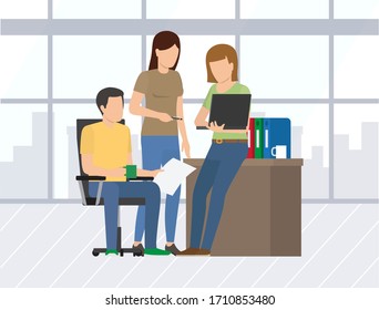 Woman with laptop showing results on screen vector, man and woman teamwork in office. People dealing with analysis and statistics of company, workplace