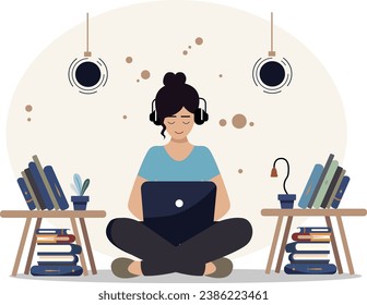 A woman with a laptop sits in books. Concept illustration for work, freelancing, study, education, work from home. Illustration in flat cartoon style