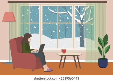 Una mujer con una computadora portátil se sienta en una silla en una habitación acogedora en invierno, la nieve cae por la ventana. Sala de estar con una mesa de centro, una lámpara, una flor, una taza de café, una Grande ventana con un paisaje invernal.