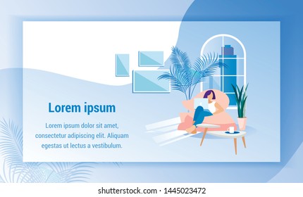 Woman with Laptop Sits in Chair in Room with Blue Interior. Print Image and Text. Coworking Center. Vector Illustration. Workflow in Office. Time Rest. Comfortable Chair in Room. Cup on Table.