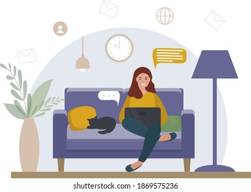A woman with a laptop sits on the sofa.  Work at home, online education. Student or freelancer. The concept of the Home Office and e-learning. vector flat illustration