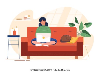 Woman with laptop sits on sofa. Freelance or study concept. Female character freelancer working or study from home online. Self-employed people work in comfortable conditions. Flat vector illustration