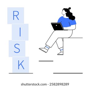 Woman with laptop sitting beside stacked blocks spelling RISK. Ideal for business strategy, financial planning, risk management, decision making, career decisions, creative thinking, education. Line