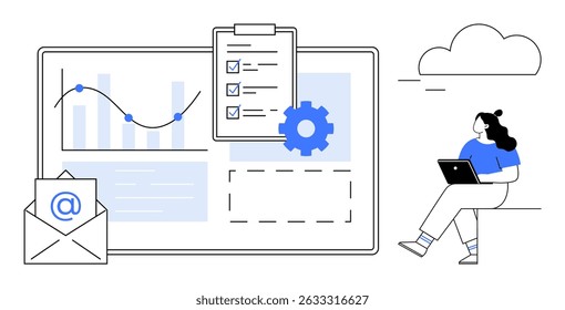 Woman with laptop sitting by cloud, various elements like email, clipboard with checklist, gear, and graphs. Ideal for remote work, productivity, data management, cloud computing, project planning