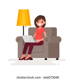 Woman with laptop sitting in chair. Work at home via the Internet. Vector illustration in a flat style