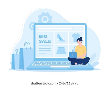 Woman with laptop sitting in comfortable chair. shop online trending concept flat illustration