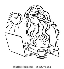 Woman with laptop sitting. Concept illustration for working, freelancing, studying, education, work from home. Vector illustration in black white