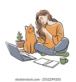 Mulher com laptop sentado. Ilustração de conceito para trabalhar, freelancer, estudar, educação, trabalho em casa. Ilustração vetorial em branco preto