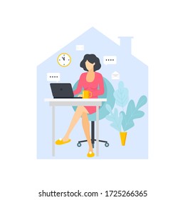 Woman with laptop sitting. Freelance or studying concept. girl works at a computer in a home interior. vector