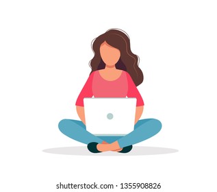 Woman with laptop sitting isolated on white background. Concept illustration for working, freelancing, studying, education, work from home. Vector illustration in flat cartoon style