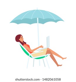 Woman With Laptop Sitting In Lounge Chair Under Umbrella Cartoon Style, Vector Illustration Isolated On White Background. Freelance Girl Working On Computer On The Beach