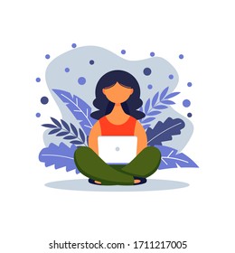 Woman with laptop sitting in nature with crossed legs. Concept illustration for freelancing, studying, online education,online shopping, working from home. Vector illustration in flat cartoon style.