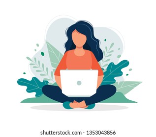 Woman with laptop sitting in nature and leaves. Concept illustration for working, freelancing, studying, education, work from home. Vector illustration in flat cartoon style