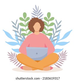 Woman with laptop sitting in nature and leaves. Concept illustration for working, freelancing, studying, education, work from home. illustration in flat cartoon style