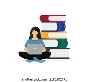 Woman with laptop sitting next to big stack of books. Online education concept, distance education concept. Flat style vector illustration.
