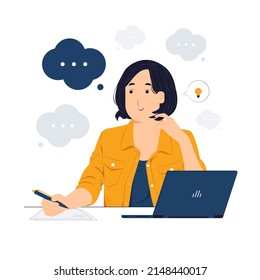 Woman with laptop sitting at the office desk holding a pen while thinking about something concept illustration