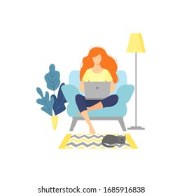 Woman with laptop sitting on the armchair. Freelance or studying concept. girl works at a computer in a home interior. vector