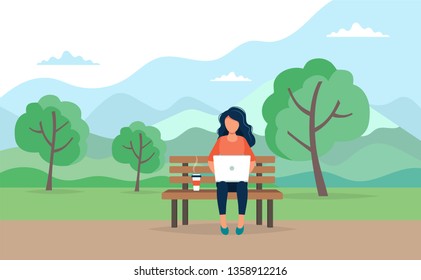 Woman with laptop sitting on the bench in the park. Concept illustration for freelance, working, studying, education, work from home, healthy lifestyle. Vector illustration in flat style