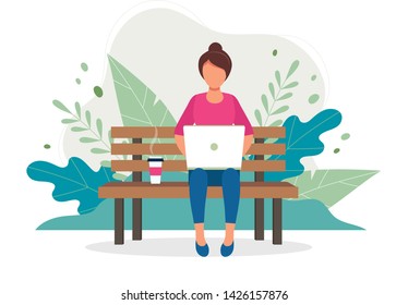 Woman with laptop sitting on the bench in nature and leaves. Concept illustration for freelance, working, studying, education, work from home, healthy lifestyle. Vector illustration in flat style